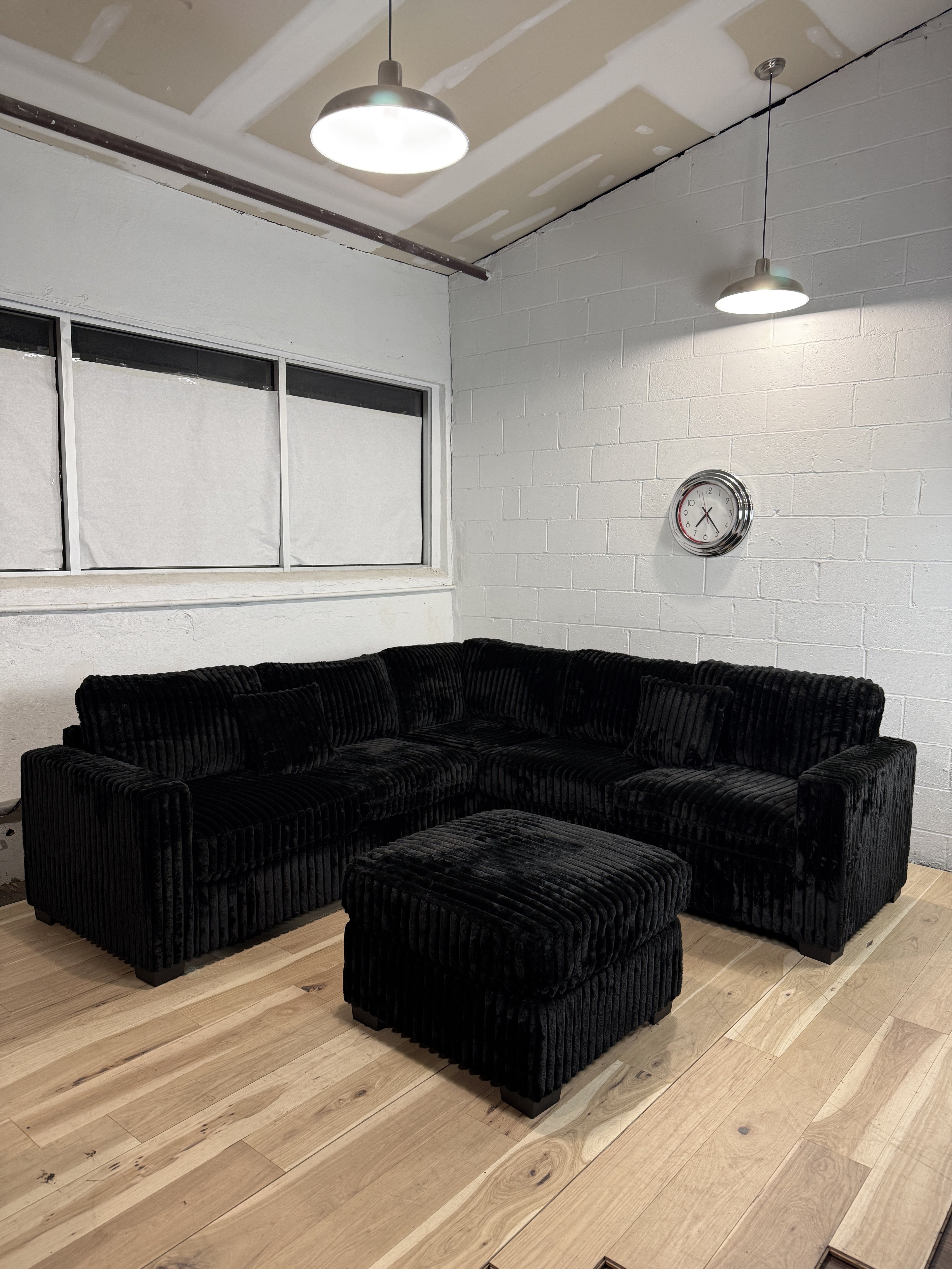 Plush Black Corduroy Sectional Sofa + Ottoman