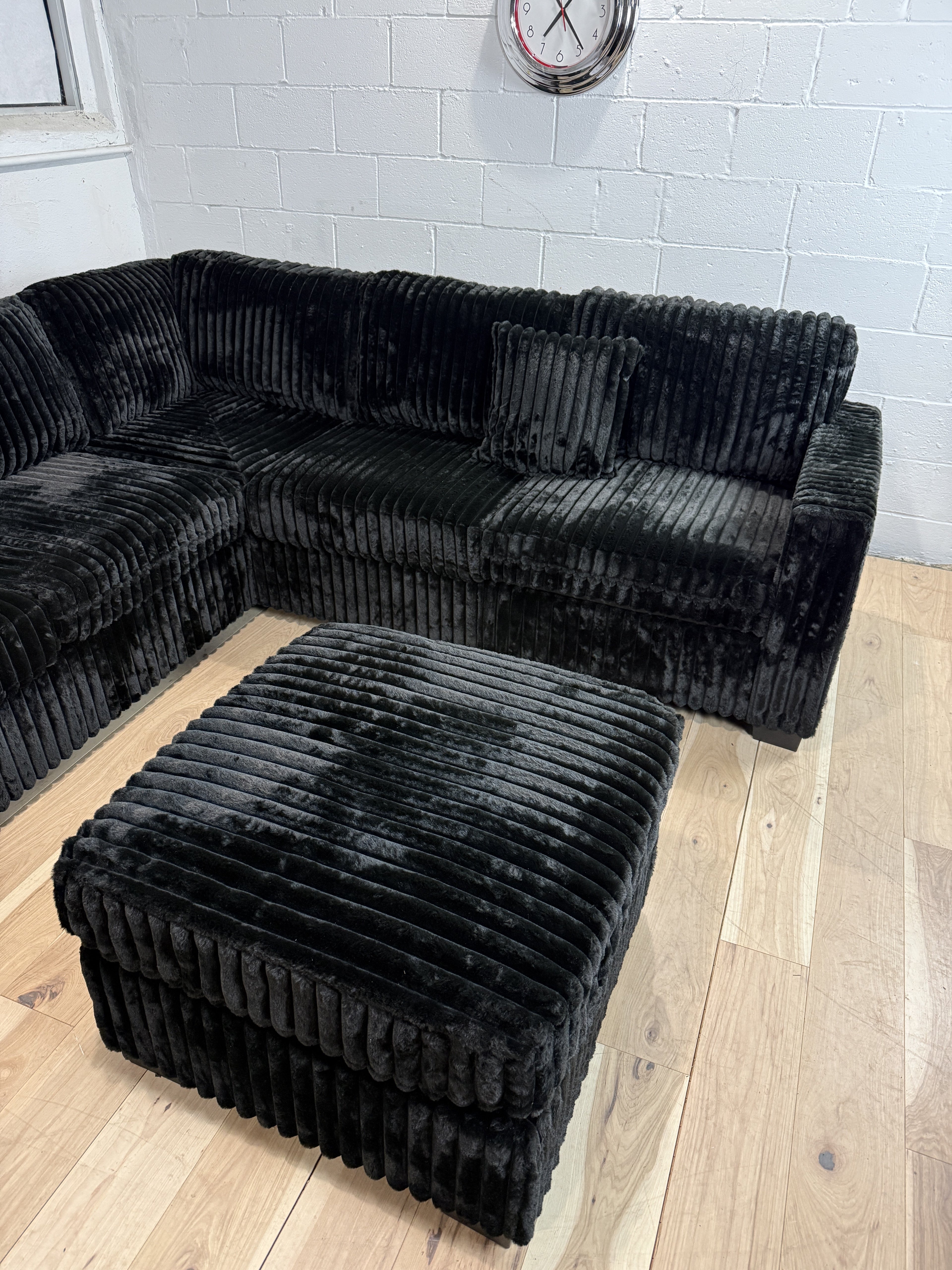 Plush Black Corduroy Sectional Sofa + Ottoman