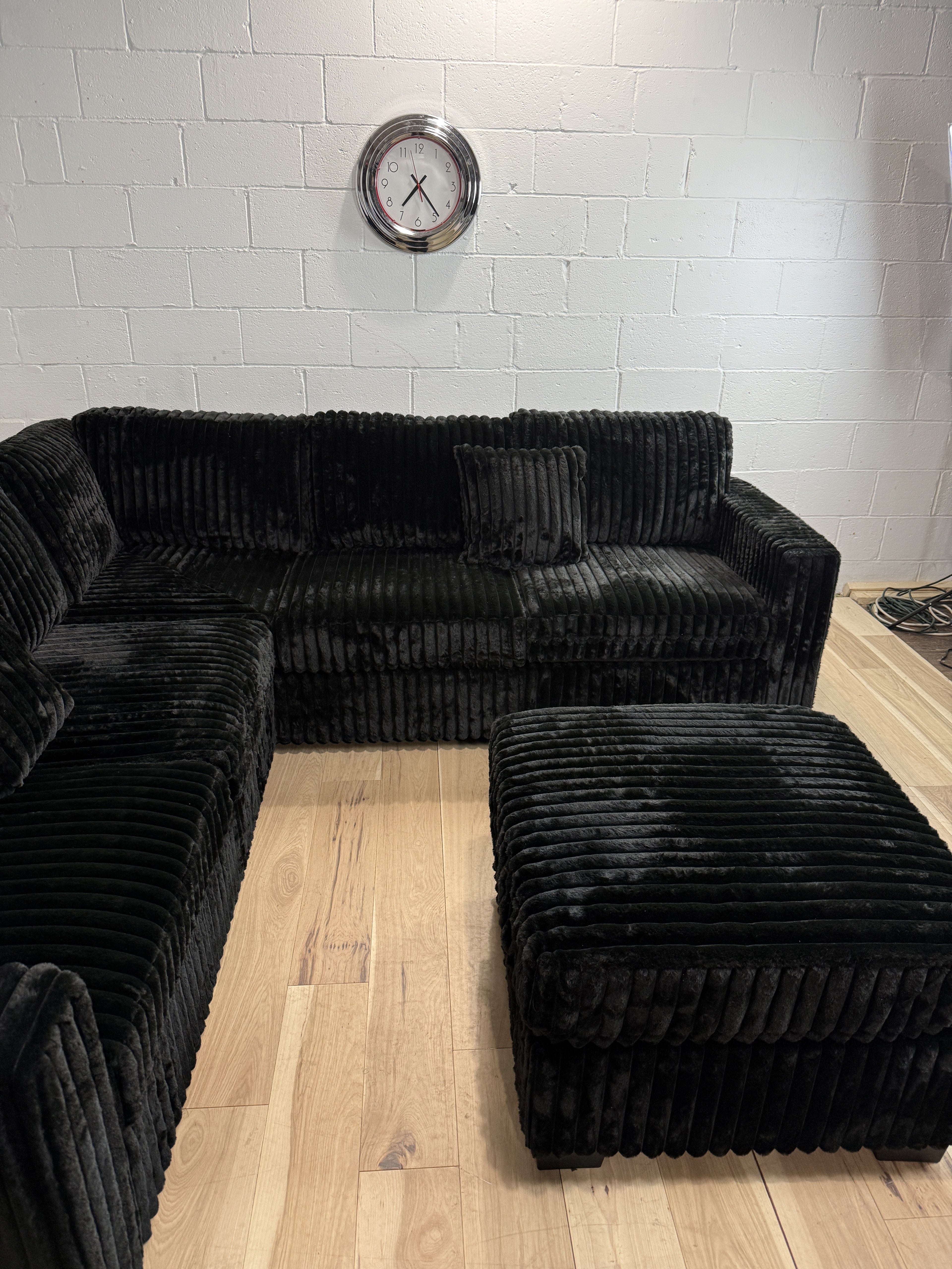 Plush Black Corduroy Sectional Sofa + Ottoman